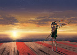 Rule 34 | 10s, 1girl, arrow (projectile), bow (weapon), brown hair, hachimaki, headband, hiryuu (kancolle), japanese clothes, kantai collection, looking at viewer, quiver, short hair, smile, socks, solo, sunset, weapon, yonasawa