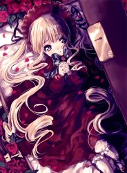 Rule 34 | 1girl, amezawa koma, blonde hair, bow, box, flower, hands on own chest, hat, in container, interlocked fingers, lolita fashion, long hair, looking at viewer, lying, on back, opening, own hands clasped, own hands together, petals, red eyes, red flower, red rose, rose, rozen maiden, shinku, solo, twintails, very long hair