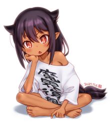 Rule 34 | 1girl, barefoot, blush, braid, child, dark-skinned female, dark skin, dated, fang, feet, female focus, full body, head rest, jahy, jahy-sama wa kujikenai!, long hair, looking at viewer, open mouth, oversized clothes, oversized shirt, pointy ears, purple hair, red eyes, shirt, simple background, sitting, solo, taryl, toes, white background, white shirt