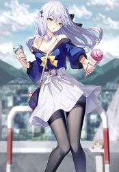Rule 34 | 1girl, :o, bag, bare shoulders, black pantyhose, blue shirt, blurry, blurry background, blush, breasts, brown eyes, commentary request, crossed bangs, day, earrings, feet out of frame, food, grey hair, hair between eyes, hair ornament, handbag, highres, holding, holding food, ice cream, ice cream cone, jewelry, long hair, long sleeves, looking at viewer, medium breasts, off shoulder, open mouth, original, outdoors, pantyhose, parted lips, puffy long sleeves, puffy sleeves, ririko (zhuoyandesailaer), saegusa riko, shirt, shoulder bag, skirt, solo, white skirt, yellow eyes