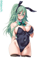 Rule 34 | 1girl, animal ears, aqua eyes, black leotard, black thighhighs, bow, bowtie, breasts, cleavage, commentary request, covered navel, cowboy shot, cropped legs, detached collar, ebifurya, fake animal ears, gloves, green bow, green bowtie, green hair, hair flaps, hair ornament, hairclip, highleg, highleg leotard, highres, kantai collection, large breasts, leotard, long hair, looking at viewer, one-hour drawing challenge, parted lips, playboy bunny, ponytail, rabbit ears, strapless, strapless leotard, thigh gap, thighhighs, thighs, traditional bowtie, twitter username, white background, white gloves, yamakaze (kancolle)