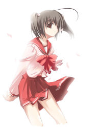 Rule 34 | 00s, 1girl, bow, brown eyes, brown hair, red skirt, ribbon, satomi (black scarecrow), school uniform, short hair, simple background, skirt, smile, solo, to heart (series), to heart 2, twintails, white background, yuzuhara konomi