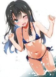 Rule 34 | 1girl, ;d, absurdres, asashio (kancolle), bikini, black hair, blue bikini, blue eyes, blush, breasts, collarbone, hair between eyes, hands up, highres, kantai collection, long hair, looking at viewer, micro bikini, mtu (orewamuzituda), navel, non-web source, one eye closed, open mouth, page number, scan, side-tie bikini bottom, sideboob, simple background, small breasts, smile, solo, swimsuit, wading, water, water drop, wet, white background