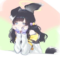 Rule 34 | 1girl, animal ears, bare shoulders, black hair, blue archive, blue eyes, blush, dog ears, dog girl, dog tail, ear wiggle, hair bobbles, hair ornament, halo, hands on own cheeks, hands on own face, head rest, hibiki (blue archive), hibiki (cheer squad) (blue archive), highres, jacket, long hair, long sleeves, looking at viewer, millennium cheerleader outfit (blue archive), off shoulder, s2j00, sleeves past wrists, solo, tail, twintails, upper body, white jacket, yellow halo