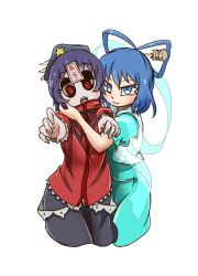Rule 34 | 2girls, absurdres, aqua dress, beret, black sclera, black skirt, blue eyes, blue hair, blue hat, chamaji, colored sclera, dress, frilled shirt, frilled sleeves, frills, hair ornament, hair stick, hand on another&#039;s face, hat, highres, hug, kaku seiga, looking at viewer, miyako yoshika, multiple girls, open mouth, outstretched arms, puffy short sleeves, puffy sleeves, red eyes, red shirt, sharp teeth, shawl, shirt, short hair, short sleeves, simple background, skirt, smile, teeth, touhou, vest, white background, white vest, zombie pose