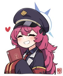 Rule 34 | 1girl, armband, black ribbon, black shirt, blouse, blue archive, book, closed eyes, grin, halo, hat, heart, holding, holding book, iroha (blue archive), jacket, junsuina fujunbutsu, military, military hat, military jacket, military uniform, necktie, open clothes, open jacket, peaked cap, red hair, red necktie, ribbon, safety pin, shirt, simple background, sleeves past fingers, sleeves past wrists, smile, solo, uniform, white background