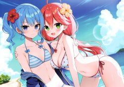 Rule 34 | 2girls, :d, absurdres, ahoge, arm around shoulder, beach, bikini, blue eyes, blue hair, blue jacket, breasts, cleavage, closed mouth, day, earrings, flower, green eyes, hair flower, hair ornament, hibiscus, highres, hololive, hoshimachi suisei, jacket, jewelry, large breasts, long hair, mauve, medium hair, multiple girls, navel, open clothes, open jacket, open mouth, outdoors, polka dot, polka dot bikini, red flower, sakura miko, scan, side-tie bikini bottom, side ponytail, small breasts, smile, star (symbol), star earrings, star in eye, striped bikini, striped clothes, swimsuit, symbol in eye, twintails, virtual youtuber, yellow flower