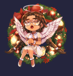 Rule 34 | 1girl, :o, anoushka russell, bow, chibi, christmas ornaments, closed eyes, commentary, dress, english commentary, gift art, glasses, hair behind ear, halo, muv-luv, open mouth, orange bow, own hands clasped, own hands together, parted bangs, round eyewear, sakaki chizuru, sitting, solo, white dress, wings, wreath