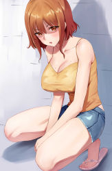 Rule 34 | 1girl, absurdres, breasts, cleavage, denim, denim shorts, flip-flops, highres, large breasts, looking at viewer, open mouth, orange eyes, orange hair, original, pink footwear, rororo, sandals, shaded face, shadow, short hair, shorts, sidelocks, solo, squatting, sweat, tank top, thighs, wall, yellow tank top