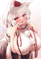 Rule 34 | 1girl, animal collar, animal ear fluff, animal ears, blush, breasts, collar, commentary, detached sleeves, english commentary, fang, gradient background, hat, heavy breathing, highres, holding, holding leash, huge breasts, inubashiri momiji, leash, looking at viewer, open mouth, pom pom (clothes), red eyes, red hat, rion (user ufvg8527), shirt, short hair, sideboob, signature, skirt, sleeveless, sleeveless shirt, smile, solo, tail, tokin hat, touhou, white hair, white shirt, wolf ears, wolf girl, wolf tail
