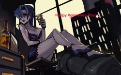 Rule 34 | 1girl, alcohol, alex ahad, alternate costume, alternate hairstyle, bare shoulders, blue hair, body bag, breasts, chair, cleavage, collarbone, cup, desk, drinking glass, happy valentine, hat, high heels, highres, lace, large breasts, legs, crossed legs, lingerie, lipstick, long hair, makeup, name connection, nurse, official art, peacock (skullgirls), red eyes, scar, shoes, sitting, skullgirls, smile, solo, symbol-shaped pupils, thighs, underwear, valentine, valentine (skullgirls), window