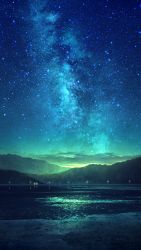 Rule 34 | blue theme, building, cloud, gradient sky, highres, lake, lamppost, milky way, mks, mountain, night, night sky, no humans, original, outdoors, reflection, scenery, sky, star (sky), starry sky, water