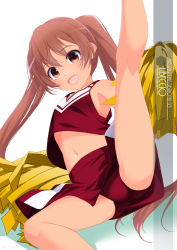 Rule 34 | 1girl, alternate costume, artist name, brown eyes, brown hair, character name, cheering, cheerleader, cowboy shot, crop top, crop top overhang, dark skin, high kick, highres, holding, holding pom poms, inaba shiki, kantai collection, kicking, libeccio (kancolle), long hair, looking at viewer, midriff, miniskirt, navel, panties, pleated skirt, pom pom (cheerleading), pom poms, red panties, red shirt, red skirt, shirt, skirt, solo, twintails, underwear