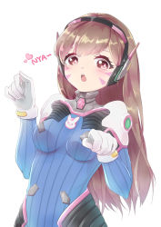 Rule 34 | 1girl, animal print, bodysuit, bracer, breasts, brown eyes, brown hair, clenched hands, d.va (overwatch), facepaint, facial mark, headphones, heart, high collar, highres, long hair, matching hair/eyes, medium breasts, open mouth, overwatch, overwatch 1, paw pose, pilot suit, rabbit print, ribbed bodysuit, shoulder pads, simple background, skin tight, solo, swept bangs, upper body, whisker markings, white background, zhong chai