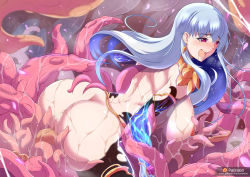 Rule 34 | 1girl, bare shoulders, black thighhighs, blue hair, blush, breasts, censored, crying, fate/grand order, fate (series), jewelry, kama (fate), large breasts, light blue hair, long hair, mosaic censoring, nipples, open mouth, red eyes, saliva, solo, standing, sweat, tentacle sex, tentacles, thighhighs, torahime (roland00)