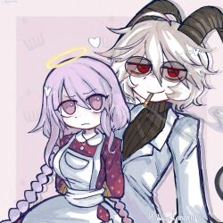 1boy 1girl ahoge angel apron blazer braid cigarette collared_dress demon demon_horns dress food-themed_background funamusea halo heart hidou_(funamusea) highres horns ilovelobco777 jacket linaria_purpurea long_hair parted_bangs pink_eyes pink_hair polka_dot polka_dot_dress smoking sweater turtleneck turtleneck_sweater twin_braids very_long_hair white_hair