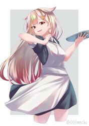 Rule 34 | 001machi, 1girl, absurdres, alternate costume, apron, black dress, blonde hair, dress, gradient hair, grey background, hair flaps, hair ornament, hairclip, highres, kantai collection, long hair, maid, multicolored hair, one-hour drawing challenge, red eyes, red hair, smile, solo, tray, two-tone background, white apron, yuudachi (kancolle), yuudachi kai ni (kancolle)