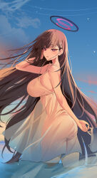 Rule 34 | 1girl, absurdres, black hair, blue archive, blush, breasts, dress, floating hair, halo, highres, holding, holding clothes, holding footwear, large breasts, light smile, long hair, looking at viewer, looking to the side, outdoors, red eyes, rio (blue archive), see-through, see-through dress, see-through silhouette, sleeveless, sleeveless dress, solo, very long hair, wading, yuki (asayuki101)