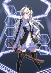 Rule 34 | 1girl, absurdres, black necktie, blonde hair, blue eyes, collared dress, dress, duel monster, highres, holding, holding sword, holding weapon, long hair, long sleeves, necktie, sky striker ace - raye, solo, sword, thighhighs, two-tone dress, weapon, youzi (small shabao), yu-gi-oh!