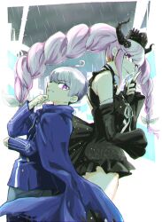 Rule 34 | 1boy, 1girl, ahoge, back-to-back, black dress, black gloves, black horns, blue cape, blue jacket, braid, cape, closed mouth, commentary request, crown, detached sleeves, dress, fingerless gloves, floral print, gloves, hair ornament, haji1nomo, hand on own chin, highres, horns, index finger raised, jacket, long hair, long sleeves, looking at viewer, master detective archives: rain code, multicolored hair, pink eyes, pink hair, purple eyes, purple hair, rain, ribbon, shinigami (rain code), short hair, smile, standing, twin braids, very long hair, white hair, white ribbon, yuma kokohead