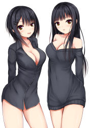 Rule 34 | 2girls, :d, arms behind back, bare shoulders, black hair, black shirt, black sweater, blunt bangs, blush, bottomless, breasts, brown eyes, buttons, cleavage, collarbone, collared shirt, contrapposto, covered navel, cowboy shot, dress, dress shirt, from side, groin, hair between eyes, hair ornament, hairclip, highres, hip focus, kurokami (kurokaminohito), large breasts, legs apart, legs together, long hair, long sleeves, looking at viewer, multicolored eyes, multiple girls, naked shirt, naked sweater, no bra, off shoulder, open mouth, original, parted lips, purple eyes, shirt, short hair, sidelocks, simple background, smile, standing, straight hair, sweater, sweater dress, white background, x hair ornament, yellow eyes