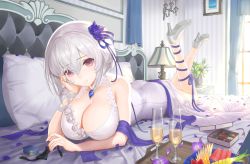 Rule 34 | 1girl, alcohol, azur lane, blush, bow, bowtie, box, breasts, chocolate, cleavage, cup, curtains, dress, drinking glass, flower, hair ornament, high heels, highres, lamp, large breasts, legs up, looking at viewer, lying, nanam (nanam sk), on stomach, pillow, red eyes, short hair, sirius (azur lane), sirius (white rose) (azur lane), smile, solo, violet (flower), white dress, white hair, window, wine, wine glass