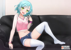 Rule 34 | 1girl, :d, arm support, bang dream!, bangle, blue hair, blue nails, blue shorts, blush, bracelet, breasts, collarbone, commentary, denim, denim shorts, earrings, english commentary, glint, green eyes, hand up, heart, heart earrings, highleg, highleg panties, hikawa hina, indoors, jewelry, knee up, long sleeves, medium breasts, midriff, nail polish, navel, navel piercing, necklace, no shoes, on chair, open mouth, panties, pendant, piercing, see-through, see-through sleeves, shirt, short shorts, shorts, single wrist cuff, sitting, smile, solo, thighhighs, underwear, v, vahn yourdoom, watermark, web address, white thighhighs, wrist cuffs