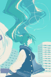 Rule 34 | 1girl, absurdly long hair, absurdres, aqua eyes, aqua hair, aqua sky, aqua theme, blue sweater, building, city, cityscape, colored skin, floating hair, from side, hatsune miku, highres, hikusa, jacket, limited palette, long hair, looking up, monochrome, open clothes, open jacket, open mouth, oversized clothes, pale skin, profile, puffy sleeves, rooftop, satellite dish, solo, sweater, twintails, very long hair, vocaloid, white skin