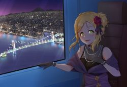 Rule 34 | 1girl, aircraft, airplane, alternate hairstyle, artist name, artist request, bare shoulders, black choker, black gloves, blonde hair, blush, bracelet, braid, breasts, bridge, brown eyes, choker, city, city lights, cloud, collarbone, crown braid, dress, female focus, flower, flower print, gloves, green eyes, hair bun, hair flower, hair ornament, hair ribbon, hair rings, highres, indoors, jewelry, lace, lace-trimmed gloves, lace trim, looking at viewer, love live!, love live! school idol festival, love live! school idol festival all stars, love live! sunshine!!, mountain, necklace, night, night sky, ocean, off-shoulder dress, off shoulder, ohara mari, parted lips, pearl bracelet, pearl necklace, purple dress, purple ribbon, purple skirt, purple sky, red flower, ribbon, short hair, single hair bun, skirt, sky, smile, solo, twintails, yellow eyes, yellow flower