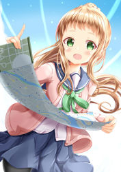 Rule 34 | 1girl, :d, black pantyhose, blonde hair, blue sailor collar, blue sky, blush, braid, cardigan, commentary request, green eyes, green ribbon, highres, holding, holding map, inose mai, koisuru asteroid, long hair, looking at viewer, map, nail polish, neck ribbon, open cardigan, open clothes, open mouth, pantyhose, pink cardigan, pink nails, pleated skirt, ponytail, ribbon, sailor collar, school uniform, serafuku, shirt, skirt, sky, smile, solo, very long hair, white shirt, xenon (for achieve)
