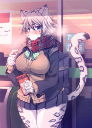 Rule 34 | 1girl, animal ear fluff, animal ears, animal nose, bad id, bad pixiv id, blue eyes, blush, body fur, bow, box, breasts, breath, claws, commentary request, convenience store, cowboy shot, eating, food, furrowed brow, furry, furry female, green bow, grey fur, grey hair, hair between eyes, holding, holding box, large breasts, leopard ears, leopard girl, leopard tail, looking at viewer, original, plaid, plaid scarf, pocky, red scarf, saigi, scarf, shop, slit pupils, snout, snow leopard, solo, standing, tail, two-tone fur, white fur
