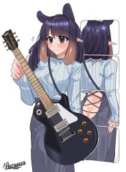 Rule 34 | 1girl, absurdres, alternate breast size, alternate costume, ass, auraaa, blush, butt crack, closed mouth, cosplay, electric guitar, flying sweatdrops, guitar, guitar little sister (hitomi o), guitar little sister (hitomi o) (cosplay), highres, hitomi o, holding, holding instrument, hololive, hololive english, instrument, mole, mole under eye, ninomae ina&#039;nis, no panties, pointy ears, purple eyes, purple hair, standing, tentacle hair, virtual youtuber