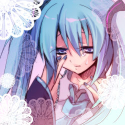 Rule 34 | 1girl, blue eyes, blue hair, detached sleeves, female focus, hanepochi, hatsune miku, lowres, matching hair/eyes, necktie, solo, tears, vocaloid