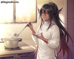 Rule 34 | 1boy, ahoge, apron, black hair, brown hair, closed mouth, commission, covered collarbone, gradient hair, hagino kouta, hair between eyes, hair ribbon, holding, indoors, kappougi, ladle, long hair, long sleeves, looking at viewer, male focus, multicolored hair, original, ponytail, pot, red eyes, ribbon, skeb commission, smile, solo, tattoo, very long hair, white apron, white ribbon, window
