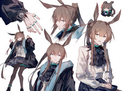 Rule 34 | 1girl, absurdres, amiya (arknights), animal ear fluff, animal ears, arknights, black footwear, black jacket, black skirt, blue eyes, brown hair, brown pantyhose, center frills, closed mouth, feet out of frame, frills, hair between eyes, hands up, highres, jacket, jewelry, ken1212ab, long sleeves, multiple views, open clothes, open jacket, pantyhose, pixelated, pleated skirt, ponytail, puffy long sleeves, puffy sleeves, rabbit ears, ring, shirt, shoes, simple background, skirt, white background, white shirt
