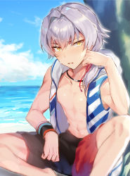 Rule 34 | 1boy, beach, black shorts, bracelet, collarbone, collared vest, grey hair, hair between eyes, hand on own face, idolmaster, idolmaster side-m, jewelry, kizaki ren, male focus, natsuki marina, navel, necklace, nipples, ocean, open mouth, shorts, sitting, sky, solo, stomach, sweat, sweatband, toned, toned male, vest, water, yellow eyes