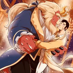 Rule 34 | 2boys, alternate costume, bara, beard, beauty and the beast, black hair, blank eyes, blue coat, blush, bulge, chandelier, coat, colored skin, curled horns, dancing, demon boy, demon horns, dutch angle, eye contact, facial hair, feet out of frame, fewer digits, forked eyebrows, furry, furry male, furry with non-furry, gardie (otsukimi), hands on another&#039;s back, highres, horns, huge eyebrows, interspecies, jacket, kouhei (otsukimi), large bulge, large hands, lion hair, looking at another, male focus, multiple boys, muscular, muscular male, original, otsukimi, pants, red skin, royal robe, scene reference, short hair, sideburns, sideburns stubble, size difference, stubble, thick eyebrows, white pants, yaoi, yellow jacket