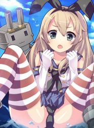 Rule 34 | 10s, 1girl, anchor hair ornament, bad id, bad pixiv id, black panties, blonde hair, blue skirt, blue sky, clenched hands, cloud, collarbone, day, elbow gloves, gloves, green eyes, hair ornament, hairband, kantai collection, long hair, looking at viewer, microskirt, momoero, neckerchief, open mouth, outdoors, panties, pleated skirt, rensouhou-chan, sailor collar, shimakaze (kancolle), shirt, skirt, sky, sleeveless, sleeveless shirt, solo, spread legs, striped clothes, striped thighhighs, thighhighs, underwear, water, white gloves