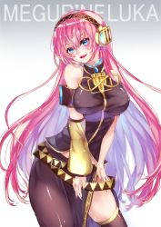 Rule 34 | 1girl, armlet, belt, blue eyes, blue nails, blush, breasts, buckle, character name, detached sleeves, english text, eyelashes, gradient background, hair between eyes, headphones, highres, large breasts, long hair, megurine luka, mizu mado, nail polish, navel, open mouth, pink hair, shiny clothes, shiny skin, simple background, skirt, smile, solo, sparkling eyes, text focus, very long hair, vocaloid