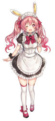 Rule 34 | 1girl, ;d, animal ears, apron, blush, frills, full body, highres, long hair, madogawa, maid, maid apron, maid headdress, official art, one eye closed, open mouth, original, pink eyes, pink hair, rabbit ears, revision, simple background, smile, solo, thighhighs, twintails, very long hair, white thighhighs, wrist cuffs, zettai ryouiki