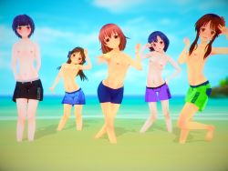 Rule 34 | 3d, 5girls, arms behind back, artist request, beach, black male swimwear, black swim trunks, blue hair, blue male swimwear, blue sky, blue swim trunks, blurry, blurry background, blush, breasts, brown eyes, brown hair, character request, cloud, cloudy sky, copyright request, day, feet, female focus, flat chest, green male swimwear, green swim trunks, highres, jewelry, long hair, looking at viewer, male swimwear, male swimwear challenge, male swimwear writing, medium hair, multiple girls, necklace, nipples, ocean, orange eyes, orange hair, outdoors, print male swimwear, print swim trunks, purple eyes, purple hair, purple male swimwear, purple swim trunks, sand, short hair, sky, small breasts, source request, standing, swim trunks, swim trunks writing, swimsuit, tagme, topless, v, water
