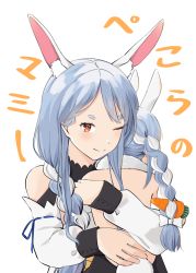 Rule 34 | 2girls, age difference, animal ear fluff, animal ears, backless leotard, bare back, bare shoulders, black leotard, blue hair, blue ribbon, blush, bow, braid, carrot hair ornament, closed mouth, commentary, detached sleeves, don-chan (usada pekora), face-to-face, food-themed hair ornament, from behind, hair bow, hair ornament, height difference, highres, hikimayu, hololive, hood, hoodie, hug, leotard, long hair, looking at viewer, mother and daughter, multicolored hair, multiple girls, nasenbi, one eye closed, orange eyes, pekomama, rabbit, rabbit ears, rabbit girl, rabbit tail, ribbon, short eyebrows, simple background, smile, tail, thick eyebrows, translated, twin braids, two-tone hair, upper body, usada pekora, usada pekora (1st costume), virtual youtuber, white background, white bow, white hair, white hoodie, white sleeves