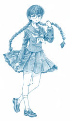 Rule 34 | 1girl, bbb (friskuser), black lagoon, bow, braid, commentary request, glasses, hair bow, highres, long hair, long sleeves, looking at viewer, monochrome, neckerchief, pleated skirt, roberta (black lagoon), school uniform, serafuku, shoes, skirt, smile, solo, standing, twin braids, aged down
