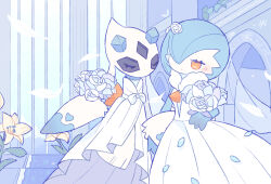 Rule 34 | 2girls, :|, alternate color, arch, arm at side, bibi (kano2541293757), black skin, blue flower, blue hair, blue rose, blue skin, blue theme, blush, bob cut, bouquet, bride, closed eyes, closed mouth, clothed pokemon, colored skin, creatures (company), dress, expressionless, feathers, female focus, flat chest, floating, flower, froslass, full body, fur collar, game freak, gardevoir, gen 3 pokemon, gen 4 pokemon, hair over one eye, half-closed eyes, hand up, heart, highres, holding, holding bouquet, indoors, interspecies, jitome, lily (flower), locked arms, multicolored skin, multiple girls, nintendo, one eye covered, orange eyes, petals, pokemon, pokemon (creature), rose, shiny pokemon, short hair, sleeveless, sleeveless dress, snowflake print, standing, two-tone skin, u u, wedding, wedding dress, white dress, white feathers, white flower, white rose, white skin, wife and wife, yuri