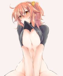 Rule 34 | 1girl, ahoge, alternate costume, areola slip, blush, breasts, clothes in mouth, clothes lift, covered erect nipples, fate/grand order, fate (series), fujimaru ritsuka (female), hair ornament, hair scrunchie, large breasts, mouth hold, navel, no panties, orange eyes, orange hair, scrunchie, shino-o, shirt in mouth, shirt lift, short hair, side ponytail, simple background, solo, twitter username, v arms