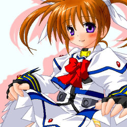 Rule 34 | 00s, 1girl, bow, clothes lift, fingerless gloves, gloves, lowres, lyrical nanoha, magical girl, mahou shoujo lyrical nanoha, mahou shoujo lyrical nanoha a&#039;s, oekaki, purple eyes, red bow, red hair, skirt, skirt lift, smile, solo, takamachi nanoha, takamachi nanoha (sacred mode), twintails