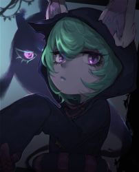 Rule 34 | 1girl, absurdres, animal ears, black coat, closed mouth, coat, ears through headwear, expressionless, green hair, highres, hood, hooded coat, jewelry, kukai, league of legends, looking at viewer, necklace, outdoors, pink eyes, sleeves past fingers, sleeves past wrists, solo, upper body, vex (league of legends), yordle