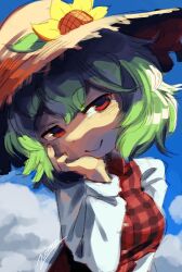 Rule 34 | 1girl, blue sky, brown hat, closed mouth, cloud, commentary, english commentary, flower, green hair, hand on own face, hat, hat flower, highres, kazami yuuka, long sleeves, looking at viewer, outdoors, red eyes, short hair, signature, sky, smile, solo, touhou, upper body, zuomerika