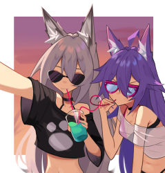 Rule 34 | 2girls, absurdres, animal ear fluff, animal ears, bikini, bikini under clothes, black shirt, blue-tinted eyewear, blue-tinted glasses, breasts, cleavage, cropped shirt, drinking straw, drinking straw in mouth, fang, fang out, ghost (tama), grey hair, halterneck, halterneck, highres, hunched over, indie virtual youtuber, long hair, medium breasts, multiple girls, navel, negg nasu, original, paw print, purple-tinted eyewear, purple-tinted glasses, purple hair, selfie, shirt, skin fang, smile, sunglasses, swimsuit, tinted eyewear, virtual youtuber, wolf ears, wolf girl