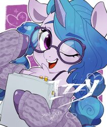 Rule 34 | 1girl, adjusting eyewear, animal ears, bespectacled, blue hair, border, character name, commentary, commission, curly hair, dated, english commentary, eyelashes, furry, furry female, glasses, heart, highres, holding, holding paper, hooves, horns, horse ears, izzy moonbow, long hair, looking at viewer, mamechi (potetecyu to), multi-tied hair, my little pony, my little pony: a new generation, one eye closed, open mouth, paper, personification, purple background, purple eyes, purple fur, purple sweater, signature, single horn, skeb commission, smile, sweater, twintails, unicorn girl, unicorn horn, upper body, white border